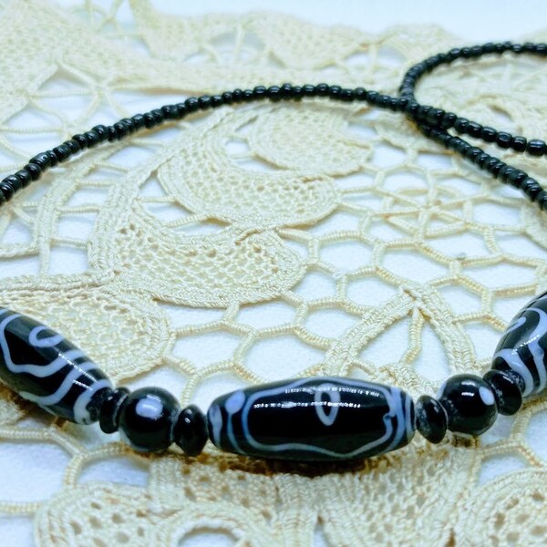 Collier de perles tibétaines originales vintage 80s, collier Dzi naturel, couleur noire et blanche an agate pour hommes et femmes