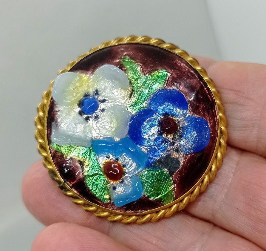Grand Pendentif / Broche Fleurs En émaux De Limoges - Vintage Années 60 - Occasion