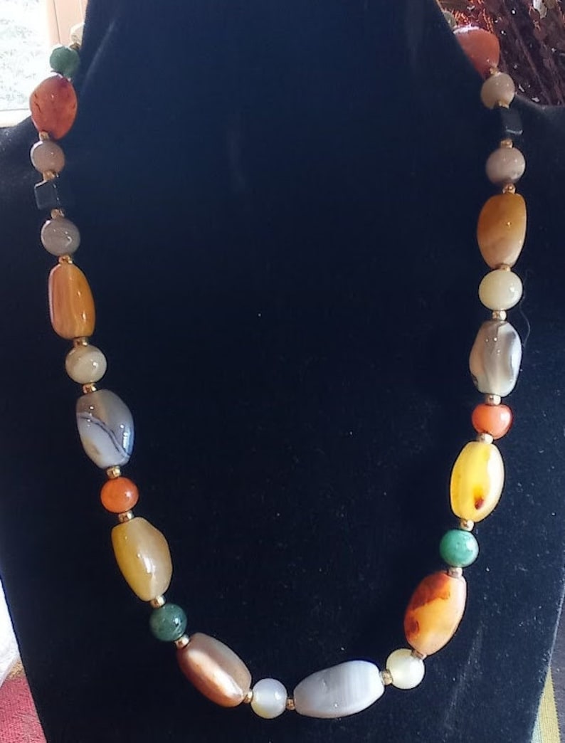 multi-color natural agate bead necklace, gem bead necklace, vintage 80s bright color necklace, women's BOHO style image 5
