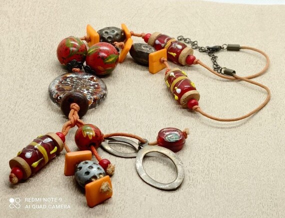 Vintage 80s African Necklace in Multicolored Glass Paste and 