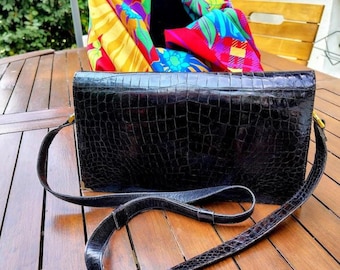 Black Crocodile Bag 2 Handles Vintage Woman 1970s Faux 