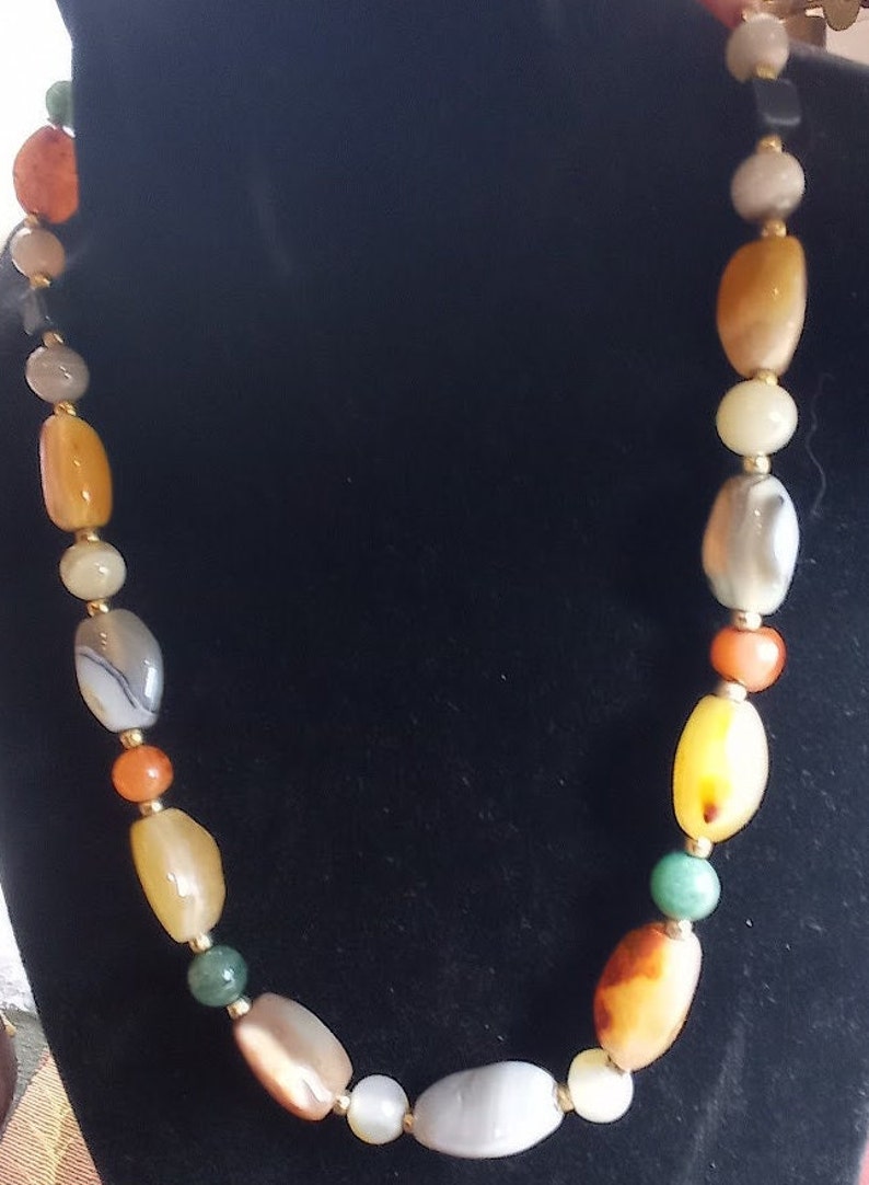 multi-color natural agate bead necklace, gem bead necklace, vintage 80s bright color necklace, women's BOHO style image 6