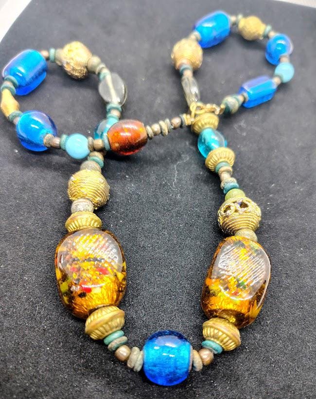 Collier Vintage Perles De Verre Bleu - Or - Grand Modèle - Travail Français - Occasion Parfait