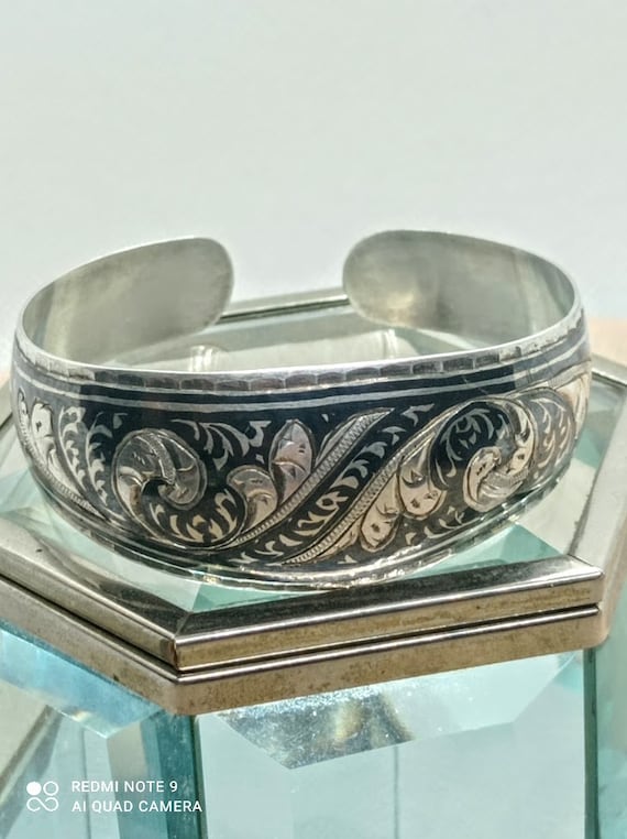 Bracelet Vintage En Argent 925 (875) Avec Décor Niello Et émail Fleur - Artisanal - Années 70