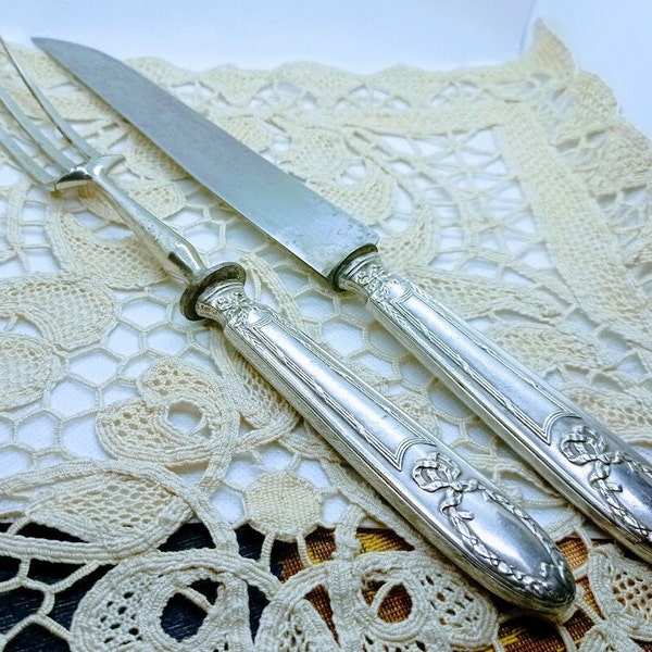 Antique Française argent plaqué manches, couteau w fourchette, set à decouper le gibier Napoléon III 1860,set d' argenterie  déco table