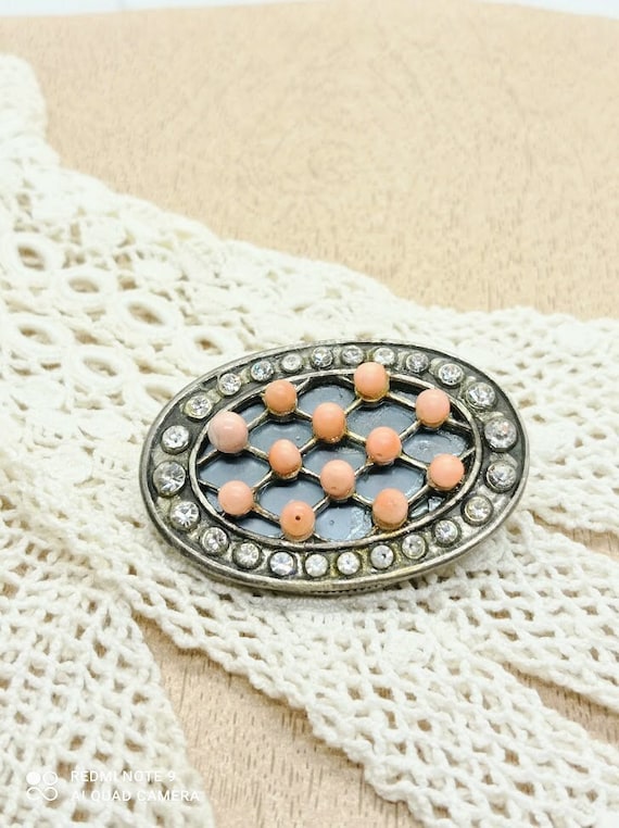 old brooch 50s silver oval brooch decorated with … - image 1
