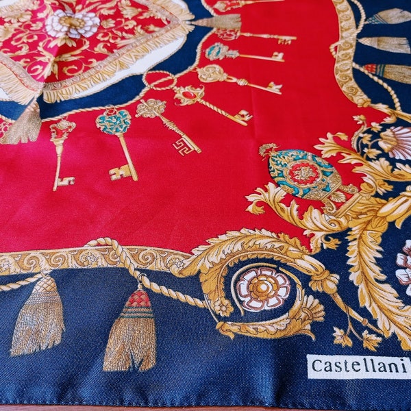 Flavio Castellani foulard vintage 80s design français foulard coloris rouge, bleu, blanc design les clés , foulard Castellani accessoires