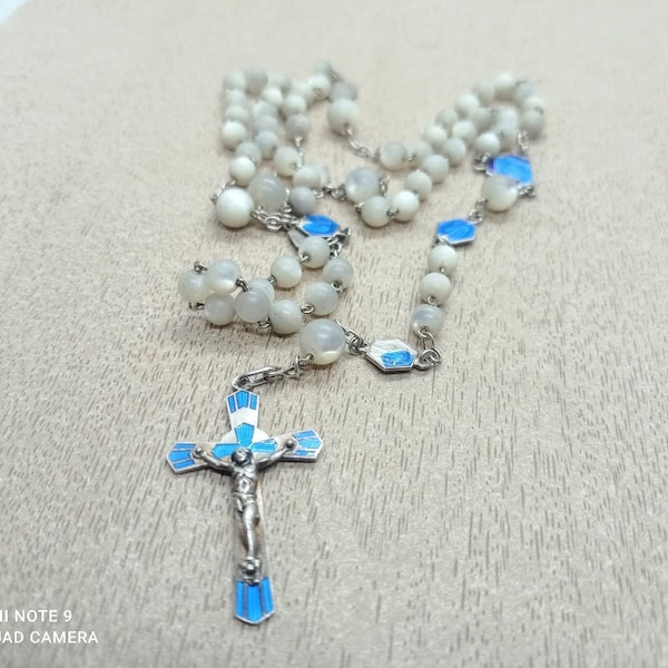 Old 19th century rosary in old silver and natural mother-of-pearl beads, rosary of 7 blue enamel medals of St. Virgin cross, silver hallmark