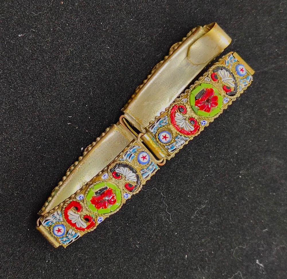 Vintage Italian bracelet in micro mosaic panel floral pattern, artisanal work known mosaic jewelry 60s woman