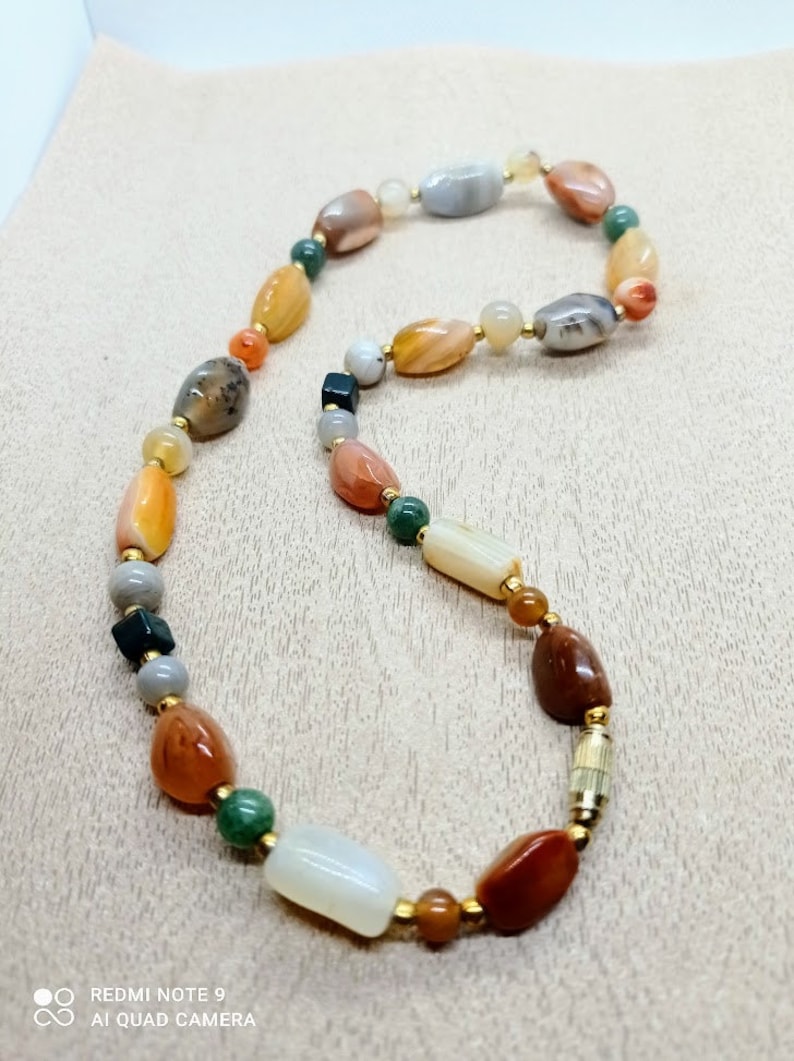multi-color natural agate bead necklace, gem bead necklace, vintage 80s bright color necklace, women's BOHO style image 3