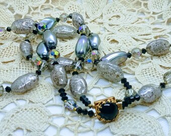 Vintage necklace 60s Czech Glass Multi-Strand Beads, Czech silver, gray, black Glass necklace Multicolored Glass Mixed beads Women necklace