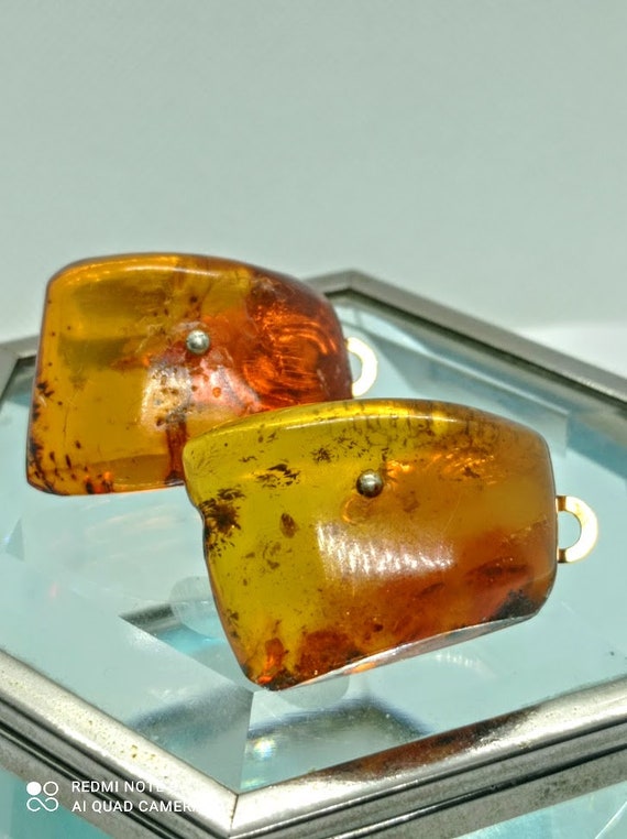Boucles D'oreilles Clips En Ambre Véritable - Forme Trapèze Années 80 - Doré Sur Laiton