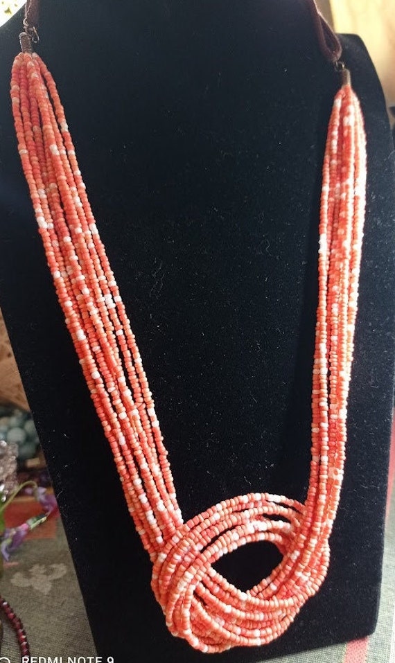 Vintage Necklace 8 Strands in Faux Coral Seed Beads and Pearly