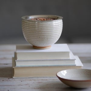 Könnte beinhalten: Eine weiße Keramikschüssel mit strukturierter Oberfläche steht auf einem Stapel von drei Büchern. Die Schüssel steht auf einem weißen Holztisch.