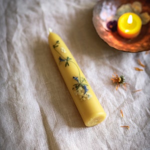 Beeswax candle, hand-pulled from 100% beeswax decorated with pressed flowers and blossoms 16 cm high, diameter 3 cm