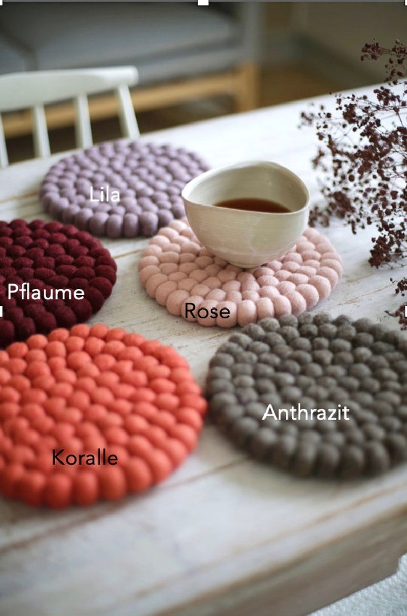 Coasters made of felt balls, round diameter 20 cm, various colors, handmade, pot coasters, felt coasters decorative wool felt, felt image 8