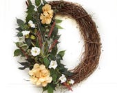 Mauve Muted Yellow White Fall Wreath Winter Wreath Greenery Wreath Grapevine Wreath Front Door Wreath
