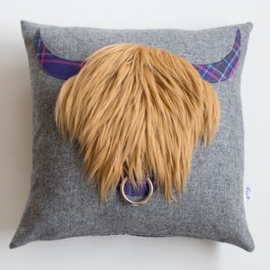 Cover only - William Highland Cow Cushion with Luxury Faux Fur and Alzheimer&#39;s Scotland tartan, Christmas gift, Outlander