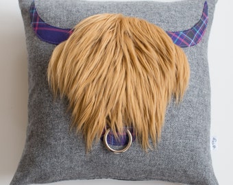 Cover only - William Highland Cow Cushion with Luxury Faux Fur and Alzheimer's Scotland tartan, Christmas gift, Outlander