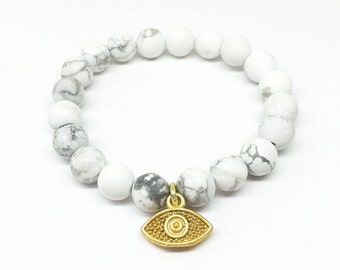 WHITE HOWLITE Evil Eye Bracelet, White Howlite Silver Bracelet, Raw White Howlite Jewelry, Crystal Bracelet, Gift for Her