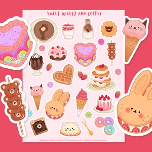May include: A sticker sheet titled Sweet Bakery and Coffee featuring various illustrations of desserts, including cakes, ice cream cones, waffles, doughnuts, and bear-shaped treats. The stickers are colourful with pink, brown, and pastel tones.