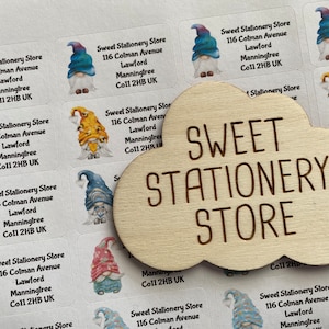 May include: A set of colourful stickers featuring gnomes with white wings and the text "Sweet Stationery Store" with the address "116 Colman Avenue, Lawford, Manningtree, Col1 2HB UK".