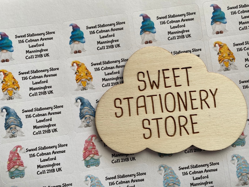 May include: A set of colorful stickers featuring gnomes with white wings and the text "Sweet Stationery Store" with the address "116 Colman Avenue, Lawford, Manningtree, Col1 2HB UK".