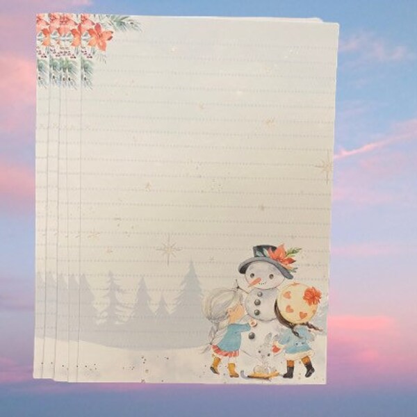 Winter snow girl fun stationery, 16 sheets of letter writing paper