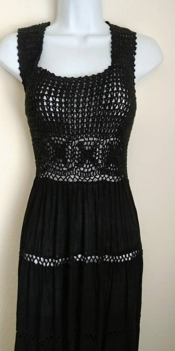 70's Black Knit Hippie Crochet Dress