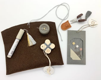 Cohana gift set in handmade wool pouch with Seki mini scissors, pins, needles, magnetic button