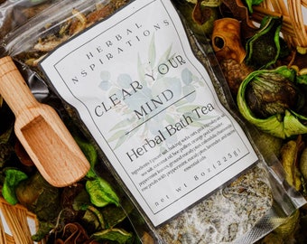 HERBAL BATH TEA, Herbal soak, all natural, dried flowers and herbs, oil infused aromatherapy spa soak- Clear Your Mind Blend