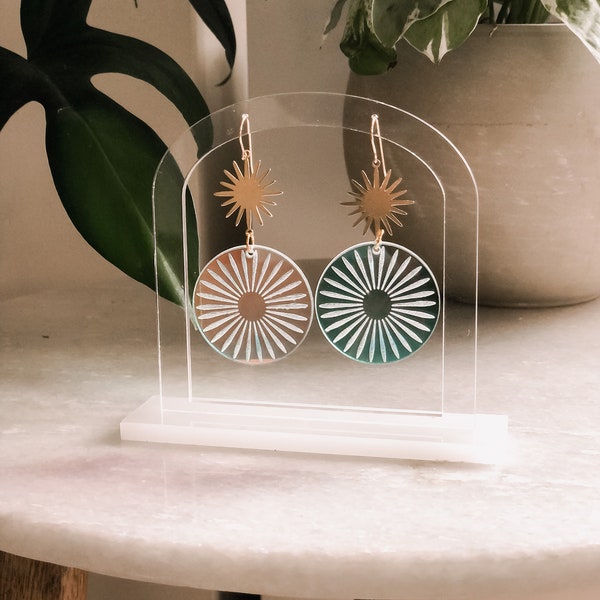 Sunshine Round Engraved Dangly Earrings |  14 kt Gold filled in Rainbow Iridescent or Handpainted Finish