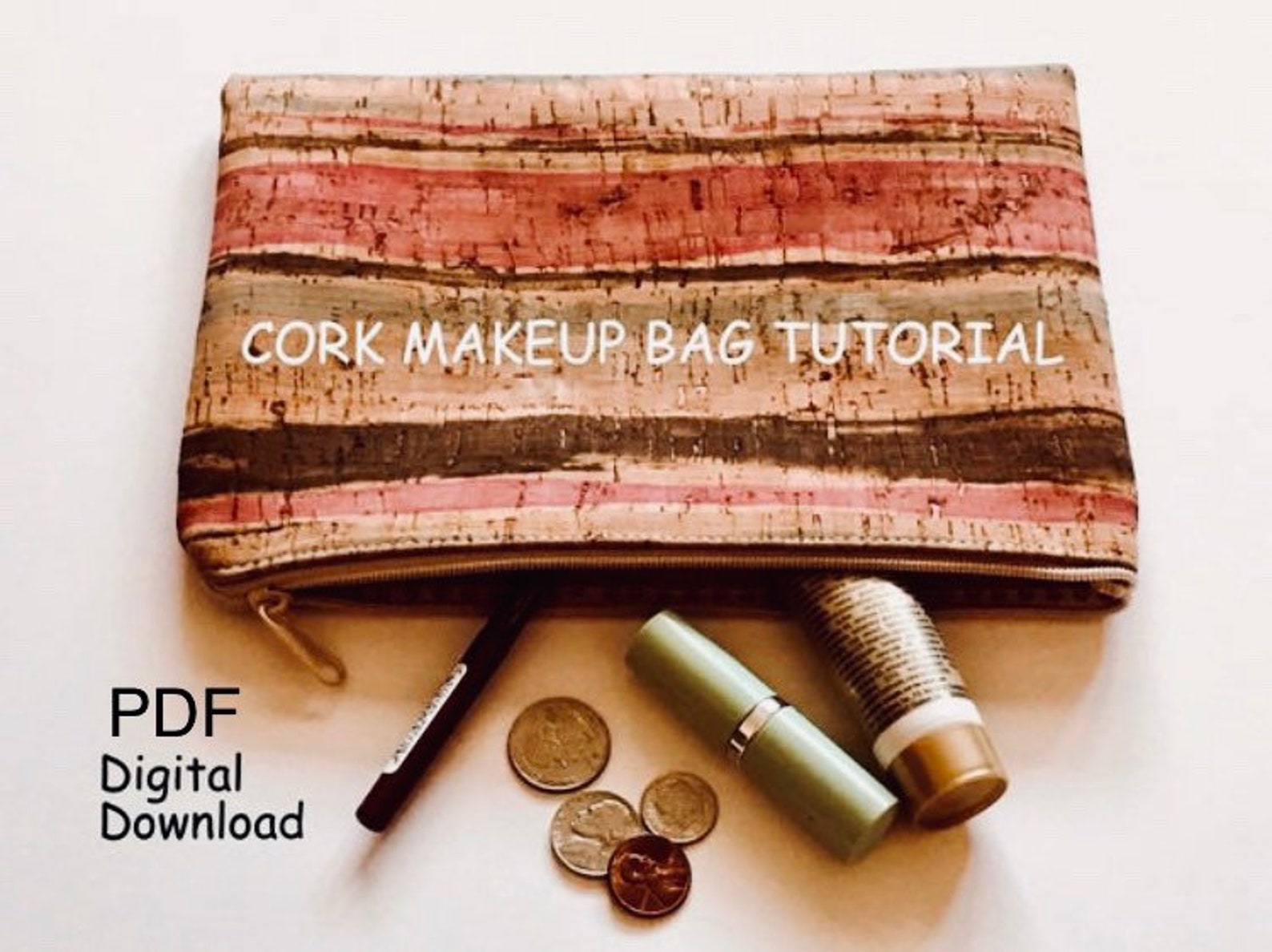 Easy Cork Fabric Makeup Bag Sewing Pattern PDF Digital Tutorial With
