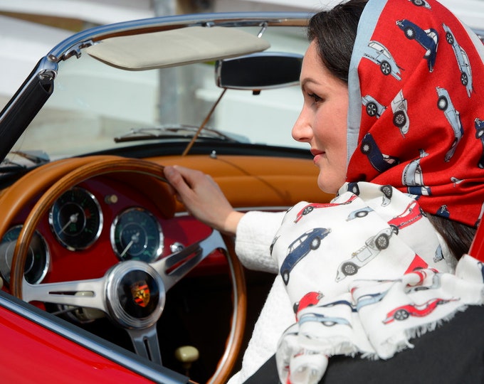 Vintage Silk Head Neck Scarf Blue With Colorful Automobile - Etsy