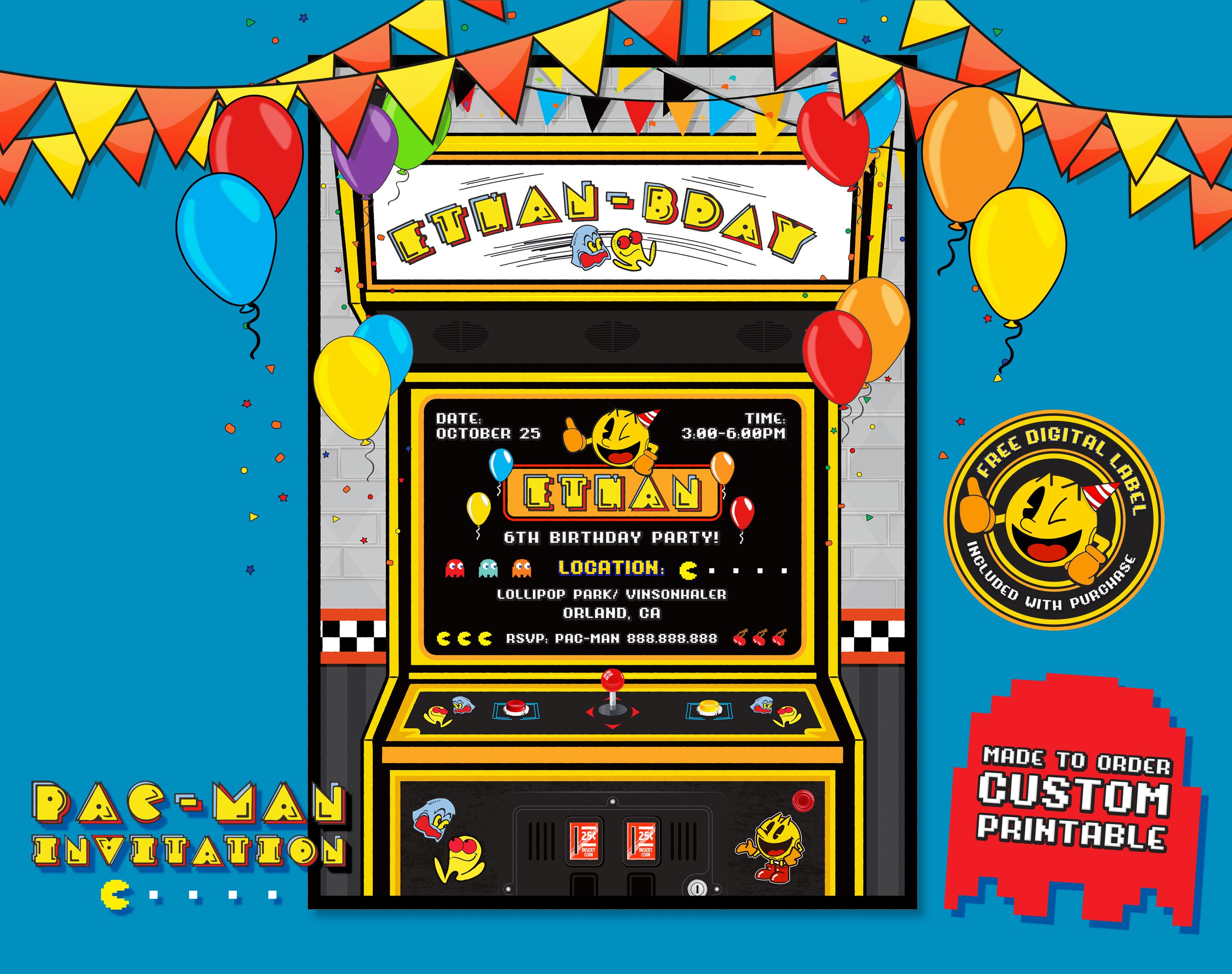 Pacman Invitation Pacman Birthday Pacman Party Pac Man Game Etsy
