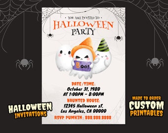 May include: Halloween party invitation featuring three cartoon ghosts, one holding a sign that says "Boo!". The invitation includes event details: date, time, and location. The words "Halloween Invitations" and "Made to Order Custom Printables" are also displayed.