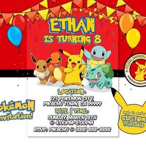 May include: A Pokemon-themed birthday invitation for an 8-year-old boy named Ethan. The invitation features a red background with yellow and orange bunting, confetti, and a variety of Pokemon characters including Pikachu, Eevee, Charmander, Squirtle, and Bulbasaur. The invitation includes the text "Ethan is turning 8", "Pokemon Invitation", "Location: 123 Pokemon City, Pikachu Town, CA 99999", "Date | Time: Sunday, March 18th @ 4:00PM-8:00PM", and "RSVP: Pikachu @ (888) 888-8888".