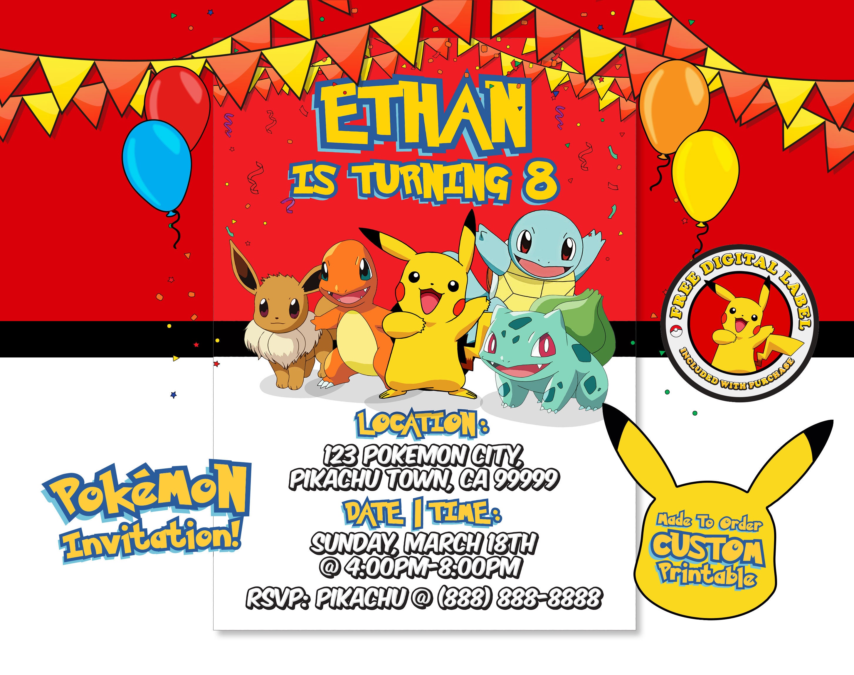 Invitation Pokémon, anniversaire Pokémon, fête Pokémon, invitation
