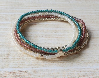 Dainty Minimalist Stacking Bracelet Set | Silver Pink Blue White Seed Bead Everyday Jewelry for Women