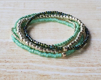 Seed Bead Bracelet Stack - Silver and Green - Dainty Minimalist Boho Stretch Bracelet Set - Gift for Mom