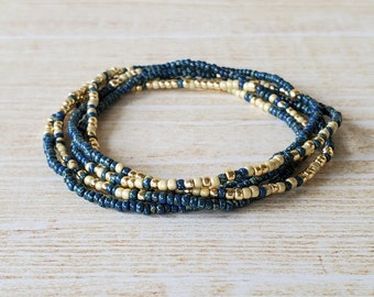 Boho Seed Bead Bracelet Set Dark Teal and Gold, Stacking Stretch Bracelet