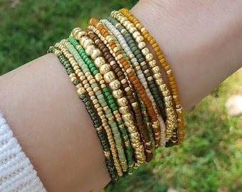 12 Bracelet Set – Gold, Green & Neutral Beaded Bracelets – Boho Stacking Bundle – Stretchy Layered Jewelry Gift for Women - Handmade in USA