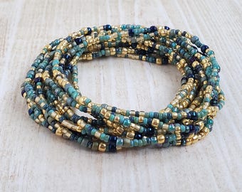Turquoise Blue Gold Beaded Bracelet Set for Women – Set of 3 Boho Stackable Stretch Bracelets, Handmade Minimalist Jewelry Gift for Mom