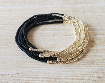 Bracelet Stack Silver and Black Bracelet Set for Women Minimalist Beaded Bracelet Dainty Stretch Bracelet Seed Bead Bracelet Gift for Friend