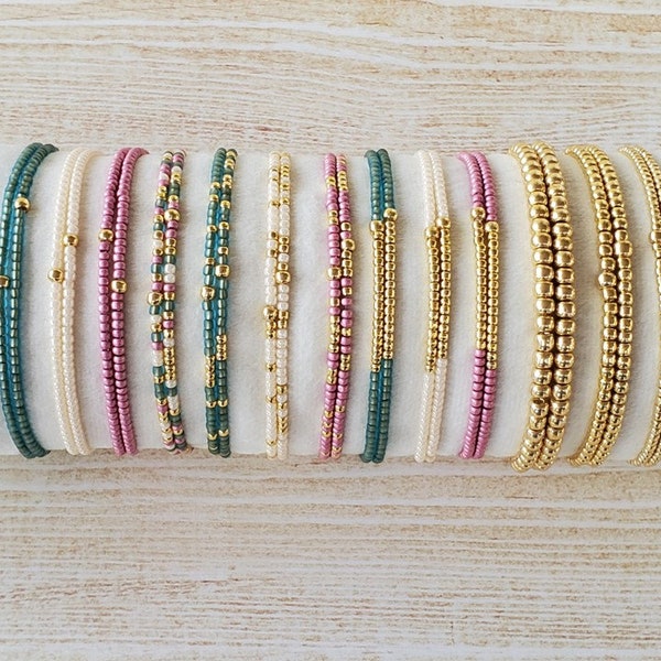 Pink Green & Gold Stretch Bracelet Set for Women, Create Your Own Beaded Bracelet Stack, Gift for Her, Teacher Appreciation, Delicate, Boho