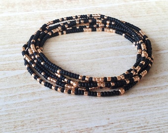 Dainty Black and Rose Gold Bracelet Stack | Minimalist Beaded Stretch Bracelet Set | Handmade Gift for Her Mom Wife | Anklet Sizes Available