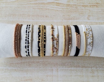 Stretch Seed Bead Bracelet Set Tiny Bead Bracelet Stack for Women Dainty Elastic Minimalist Boho Black and Gold White Silver Mixed Metallic