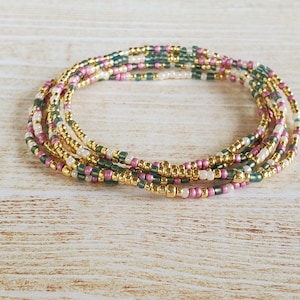 Green Pink Gold Beaded Bracelet Stack for Women Stretch Bracelet Seed Bead Set Boho Spring Bracelets Dainty Gift for Mom Grandma Sister 2mm