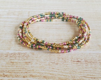 Green Pink Gold Beaded Bracelet Stack for Women Stretch Bracelet Seed Bead Set Boho Spring Bracelets Dainty Gift for Mom Grandma Sister 2mm