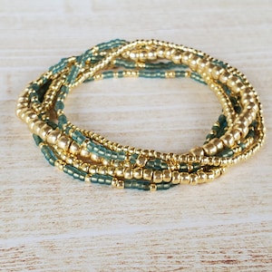 Green and Gold Beaded Bracelet Stack for Women Stretch Bracelet Seed Bead Set Boho Spring Bracelets Dainty Gift for Friend Wife Sister Aunt